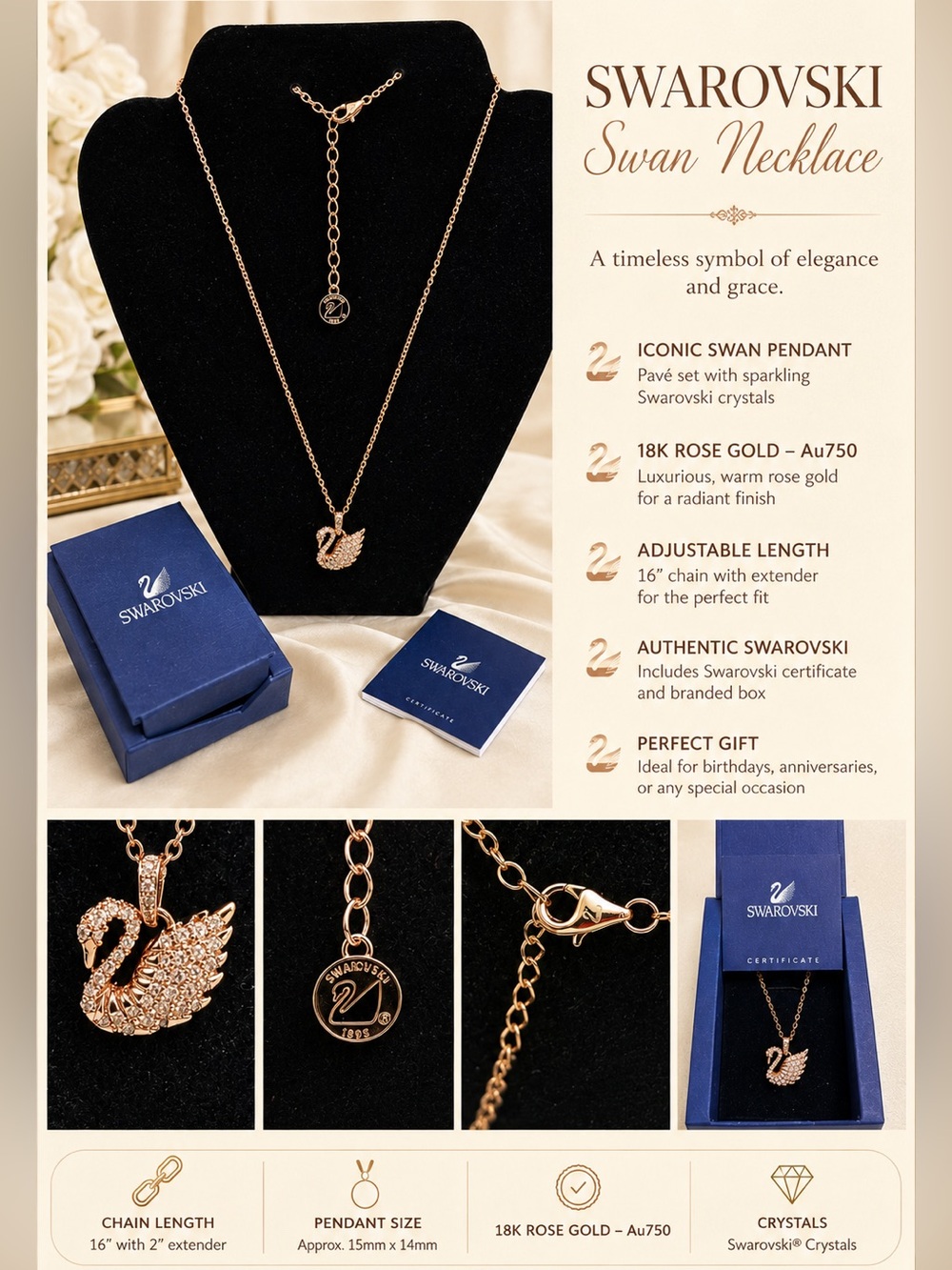 Swarovski Rose Gold Crystal Swan Necklace